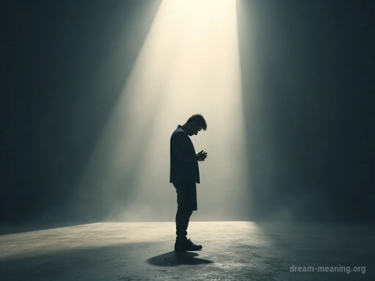 A person kneeling with hands clasped, looking up towards a gentle light.