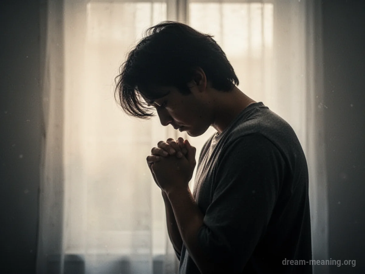 Silhouette of a person praying with hands clasped.