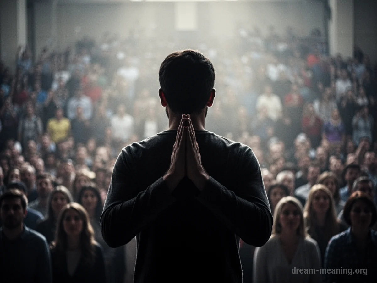 Silhouette of a person praying towards a distant group of indistinct figures.