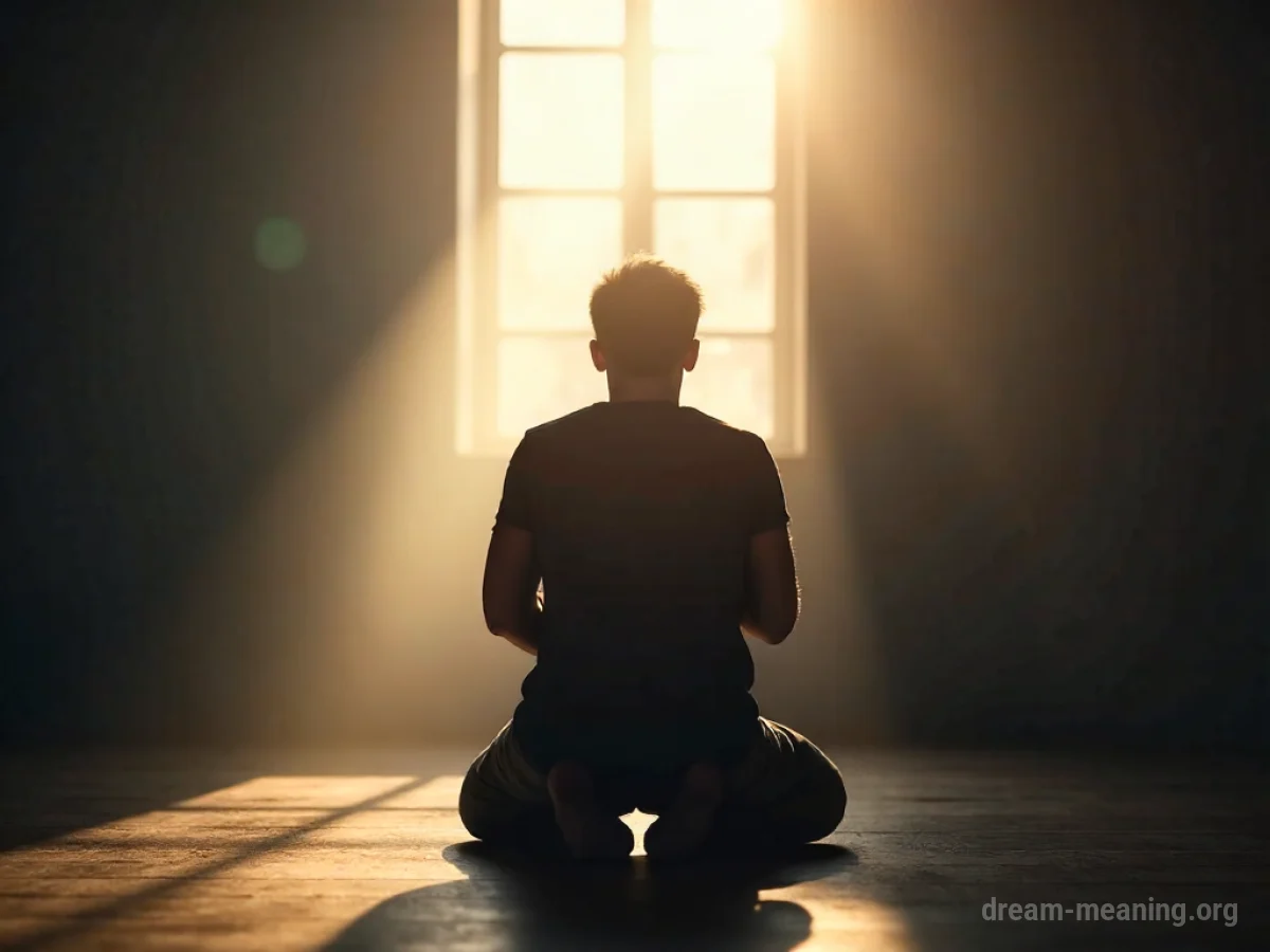 A person kneeling with clasped hands in prayer.