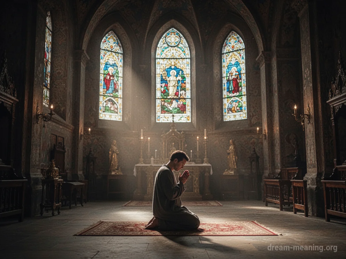 A person kneeling in prayer inside a quiet temple.