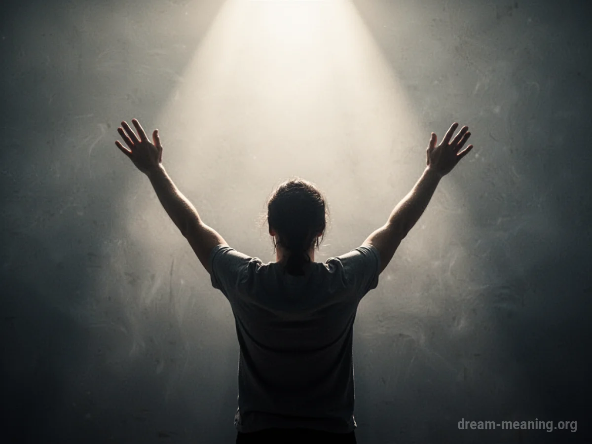 Silhouette of a person praying with arms raised towards a gentle light.