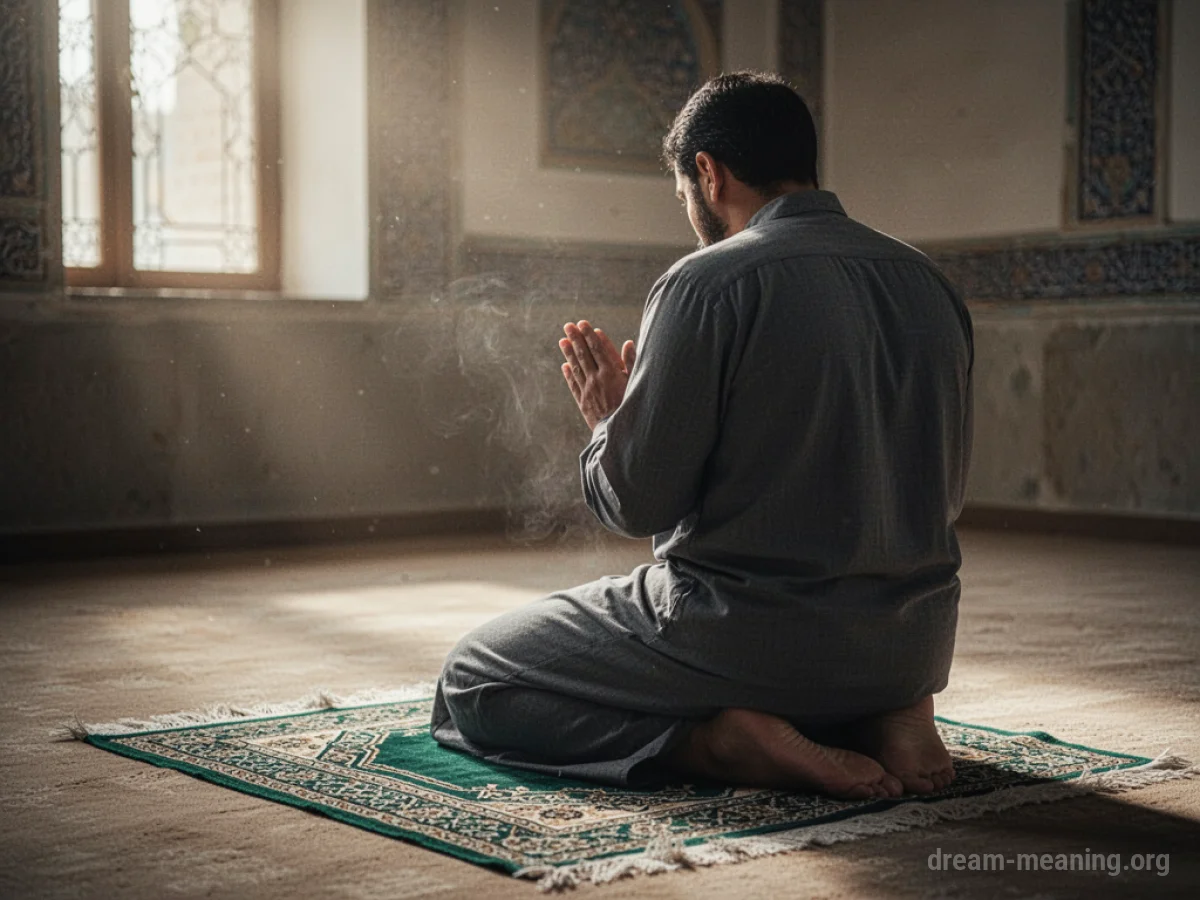 A person kneeling on a prayer mat.