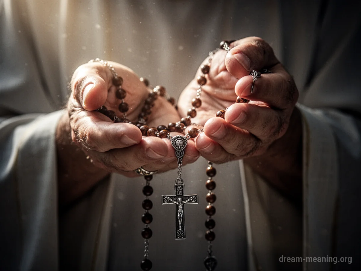 Close-up of hands holding a rosary.
