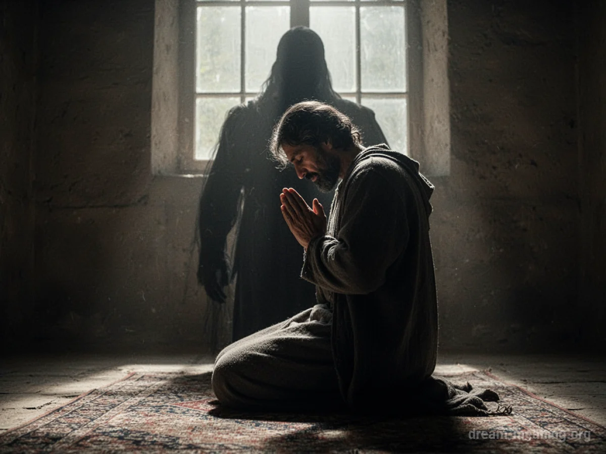 A person kneeling in prayer with a dark, indistinct shape behind them.