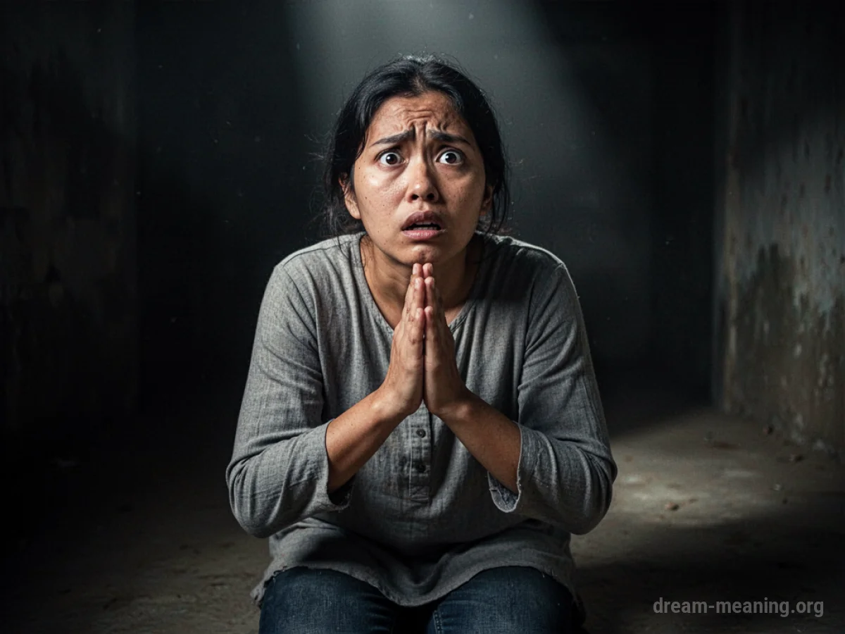 A silhouetted figure praying with wide, fearful eyes.
