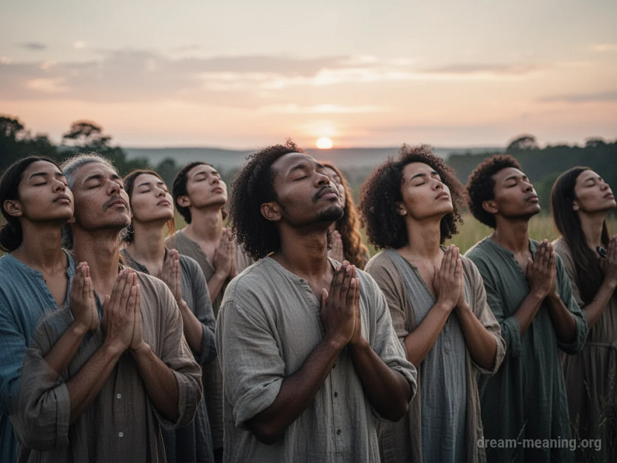A group of people praying together with closed eyes and joined hands.