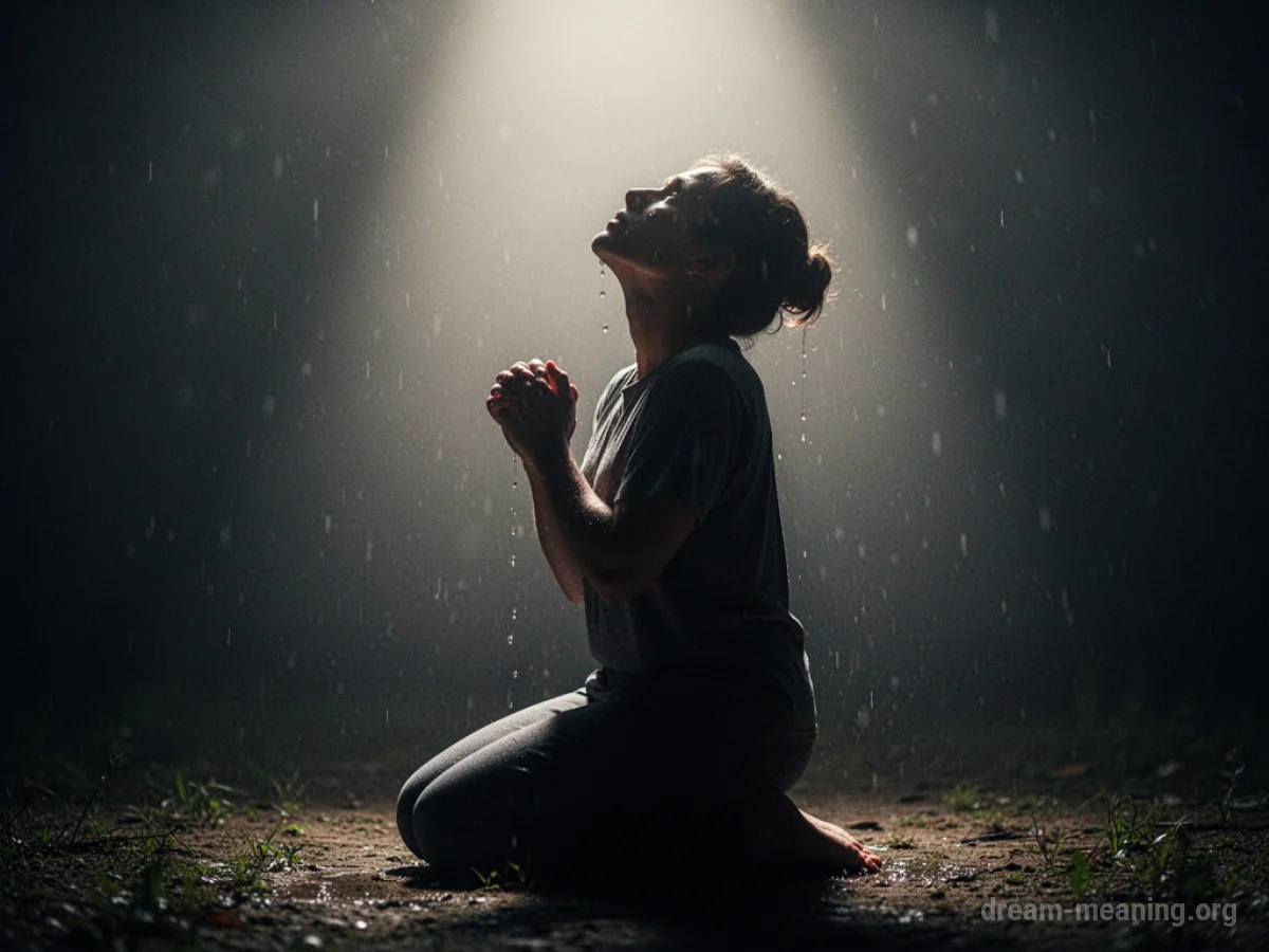 Silhouette of a person praying with teardrops falling.