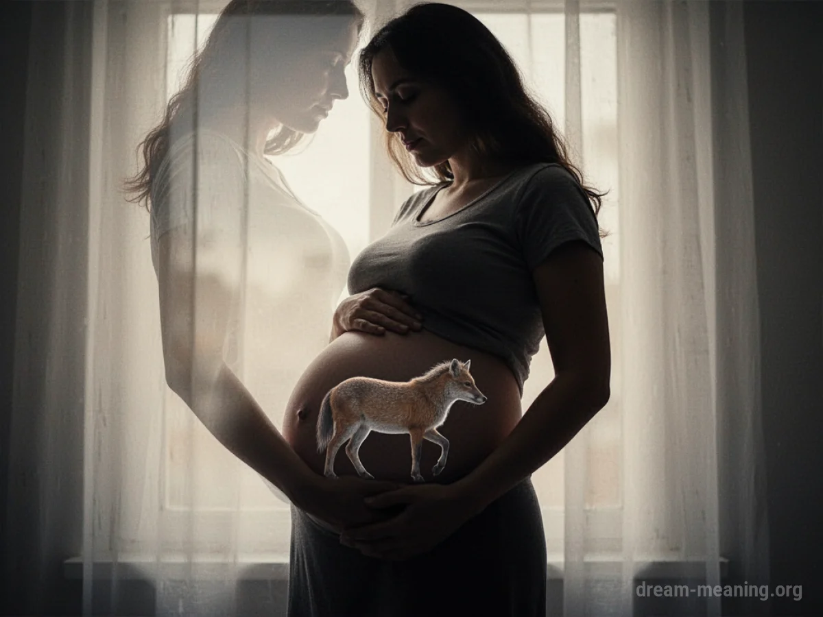 Silhouette of a pregnant woman with an animal shape within her abdomen.
