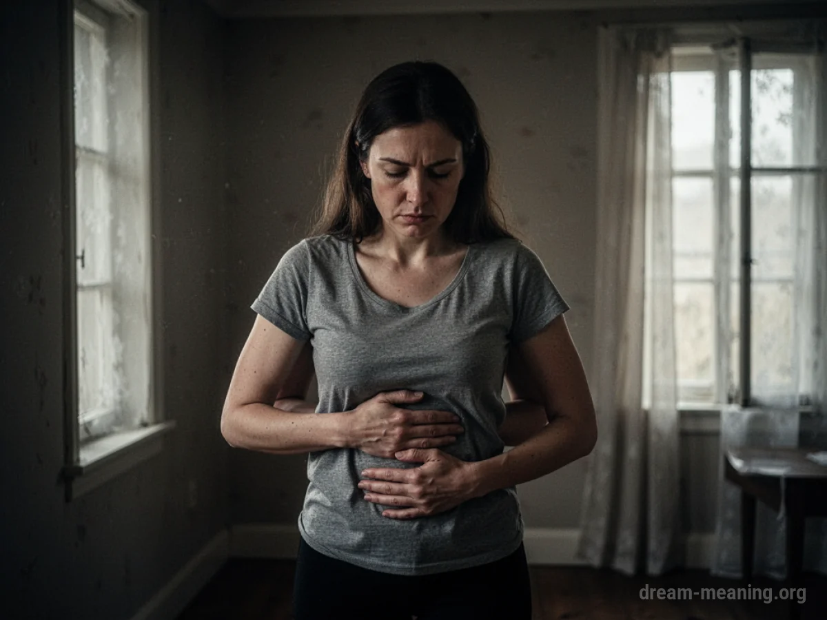 A woman stands alone in a quiet room, touching her pregnant belly.