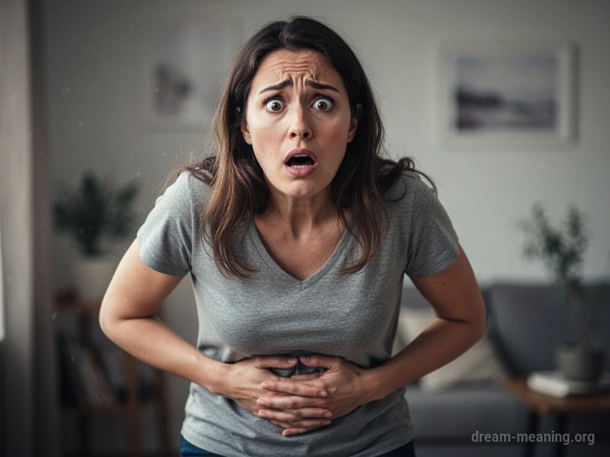 A woman with a surprised expression touching her abdomen.