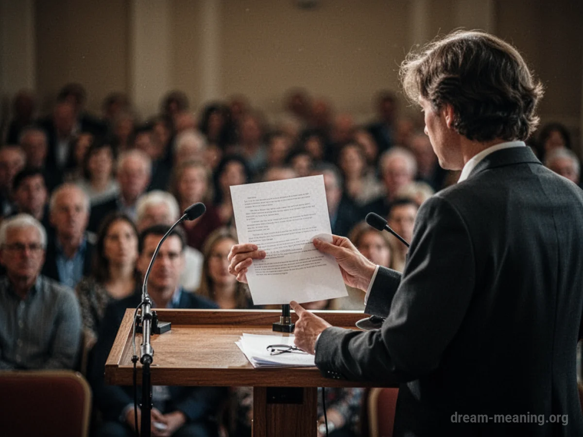 A figure stands at a podium before a shadowy group of people.