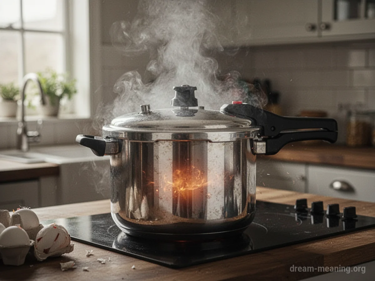 A kitchen counter with a metal pressure cooker vibrating and releasing steam from its lid.