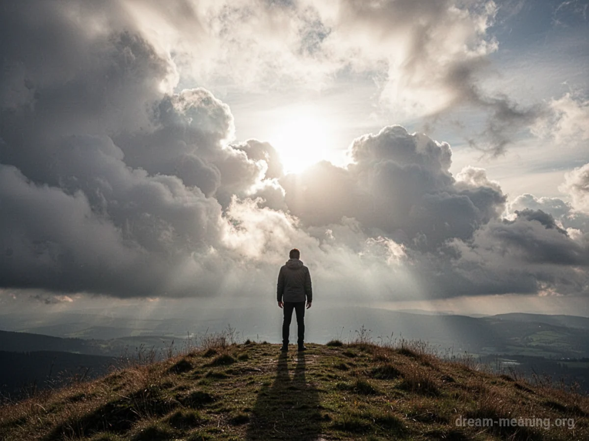 A person standing on a hill as clouds break apart to show the sun.