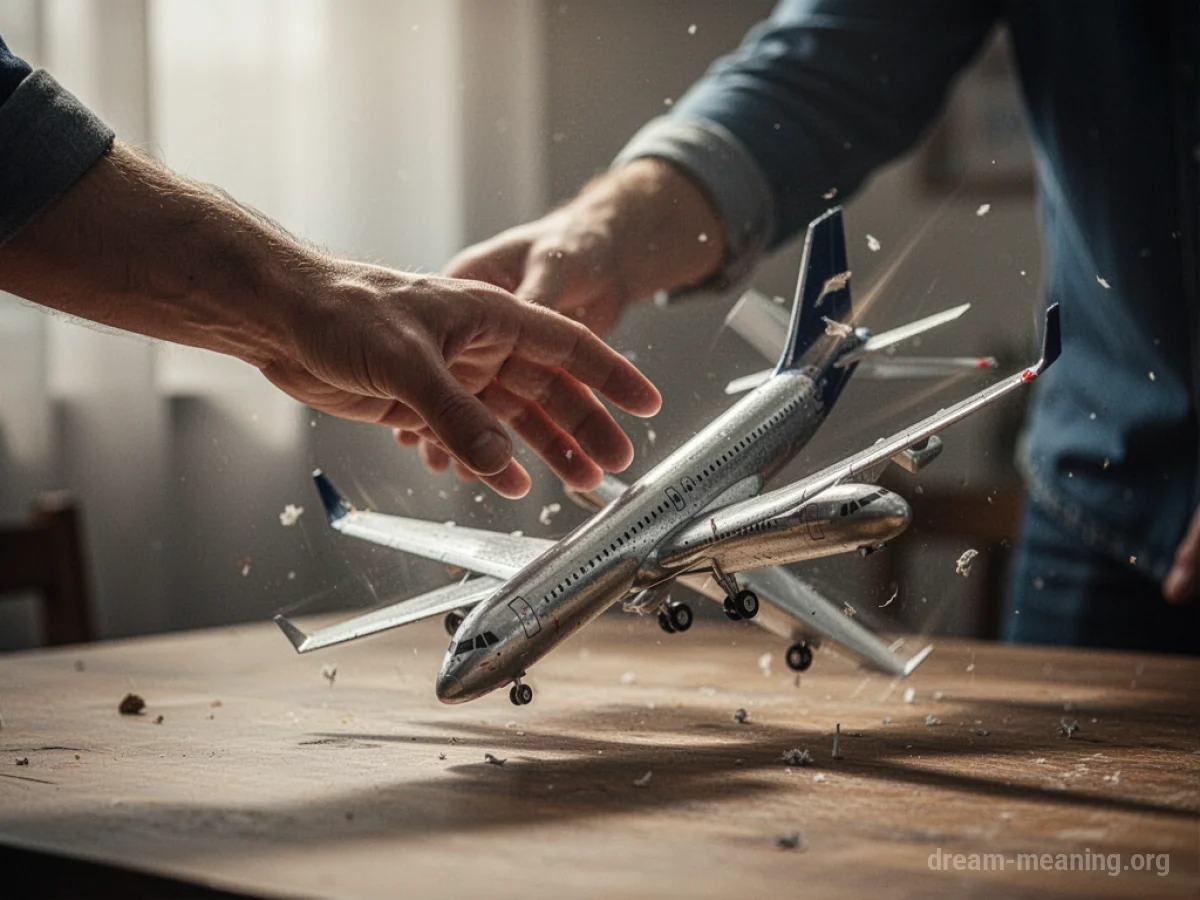 A hand reaching towards a tilting airplane model.