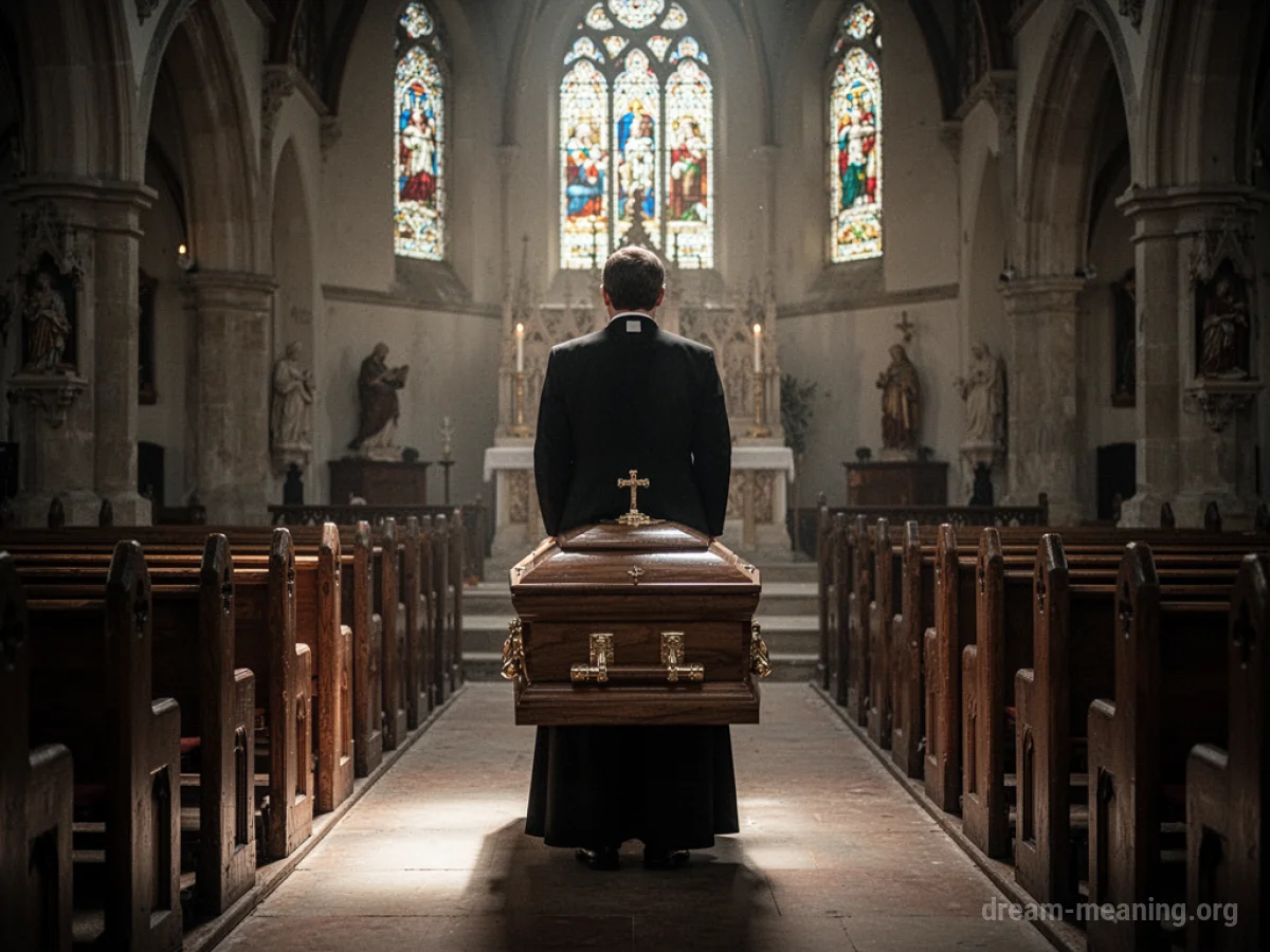 A priest stands in a church aisle near a casket.