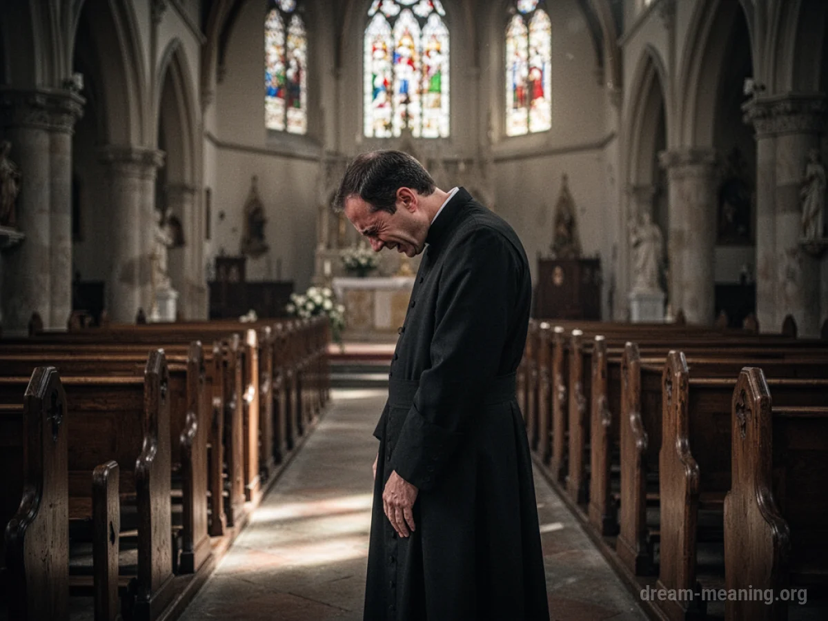 A priest is crying with his head down.