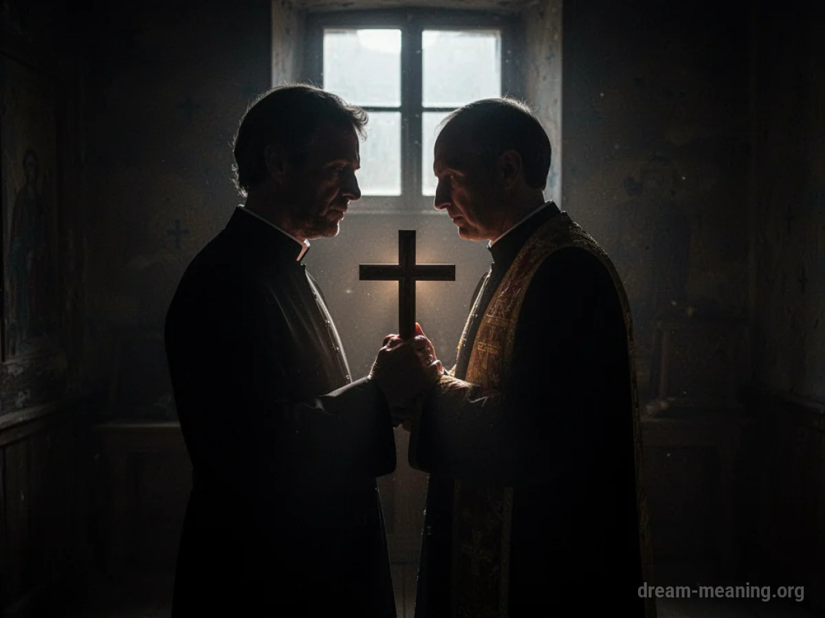 Silhouette of a priest holding a cross in a dimly lit room.