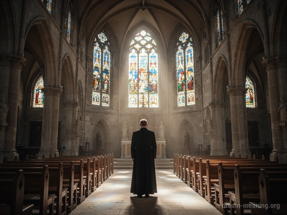 A person in a priest's robe standing inside a church.