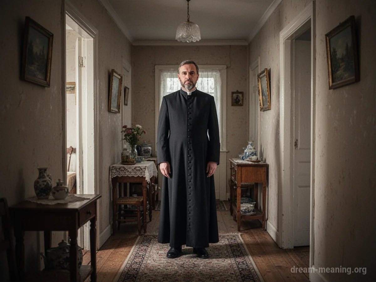 A priest stands in the hallway of a domestic house.