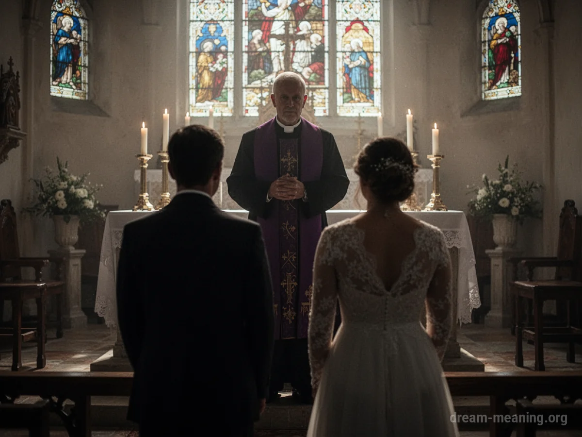 Silhouette of a priest at an altar with a couple.