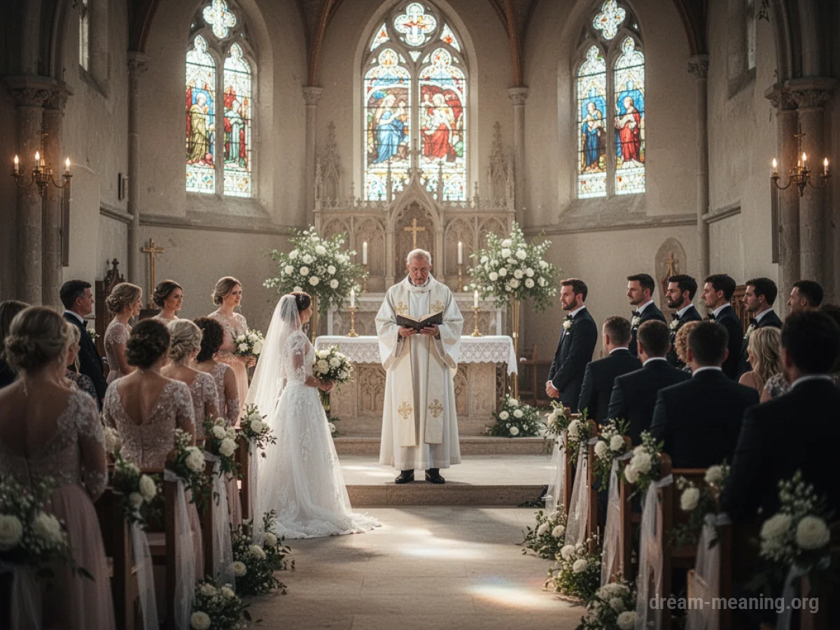 A priest stands at the altar during a wedding ceremony.