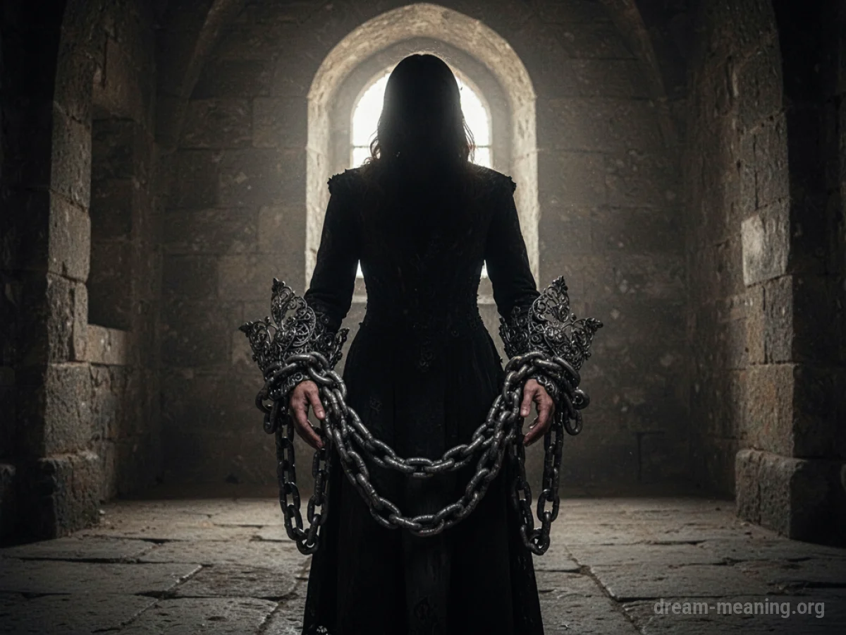 Silhouette of a person with chains around their wrists in a dark room.