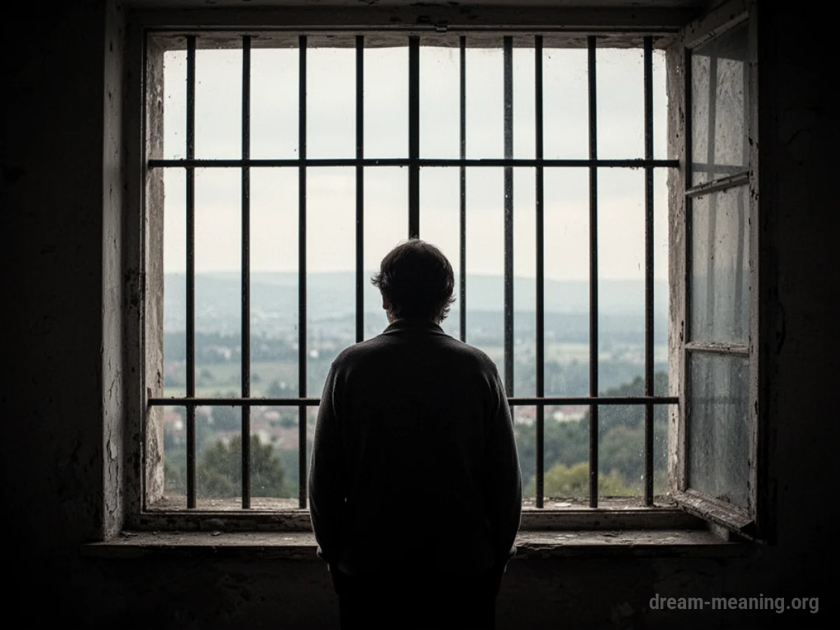 Silhouette of a person looking through a barred window.