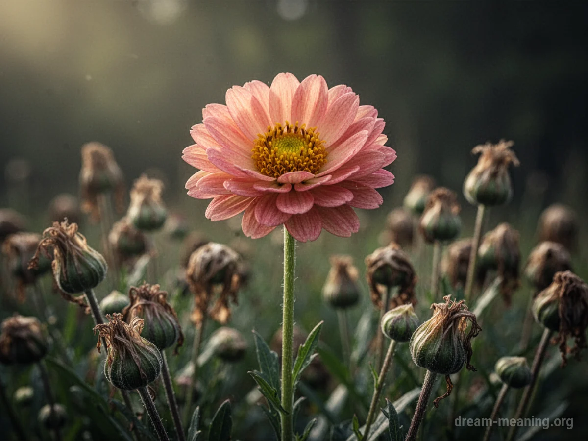 A single fully bloomed flower with other buds around it.