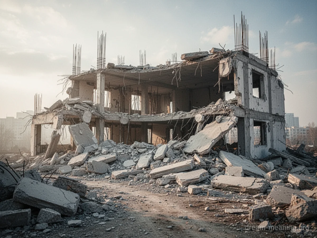 A partially collapsed building with debris scattered around its base.
