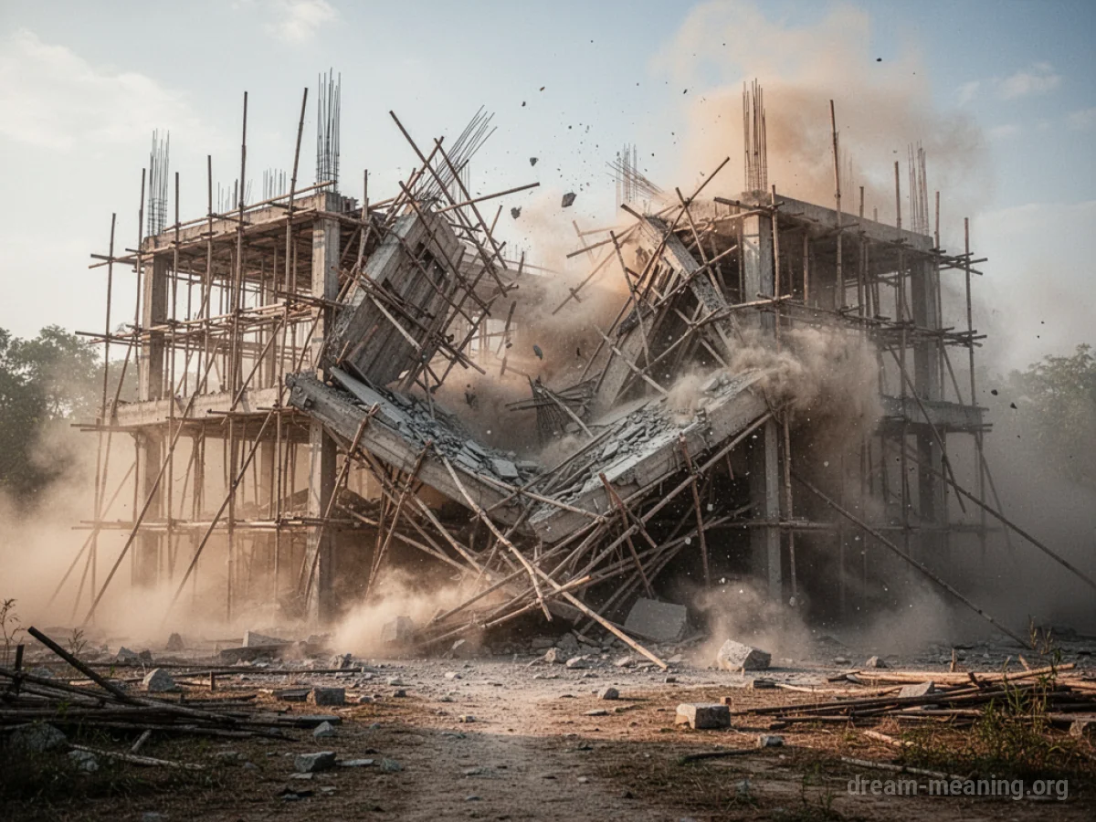 A partially constructed building with scaffolding and beams falling.