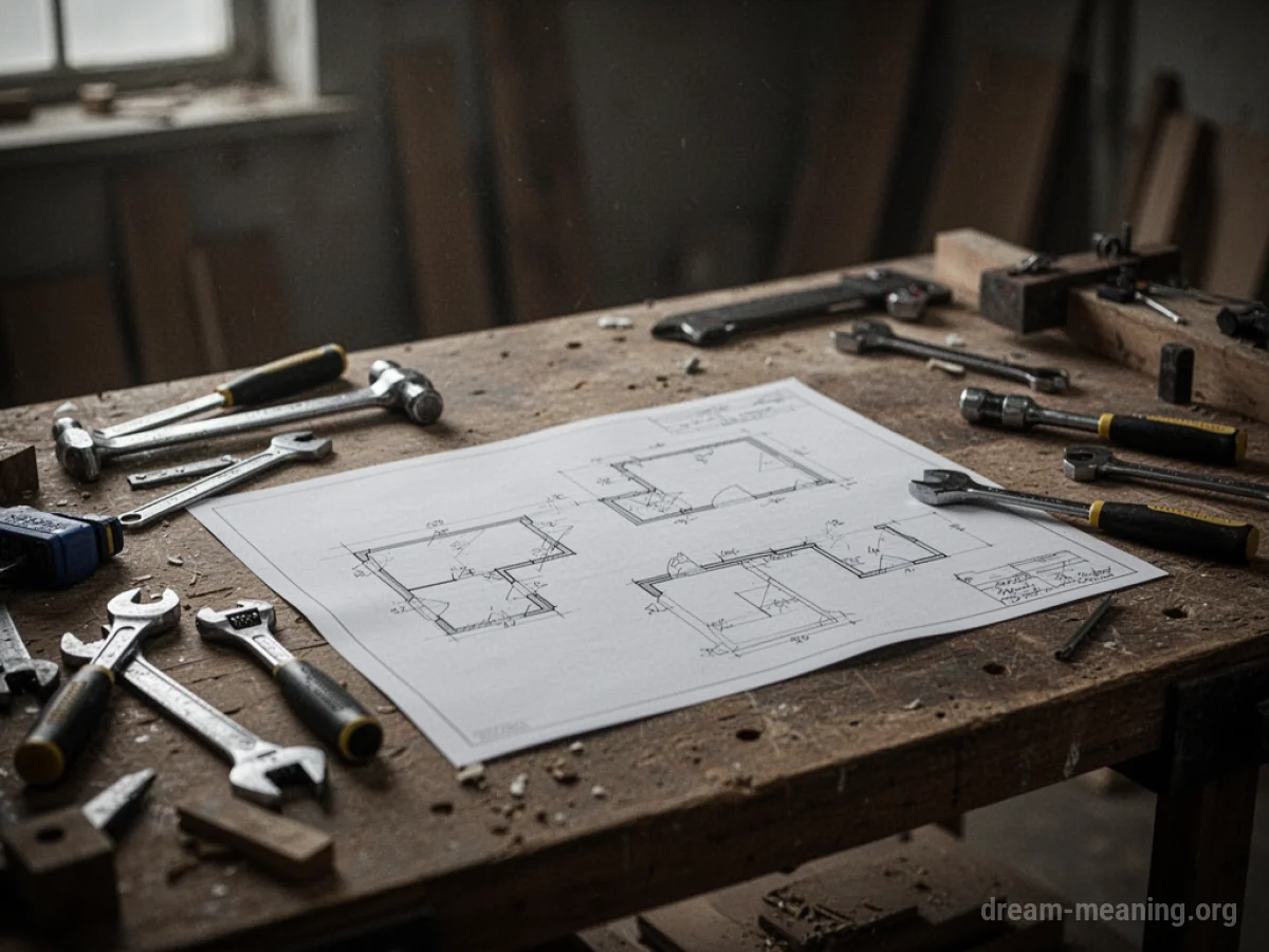 An empty workbench with tools and an incomplete blueprint.