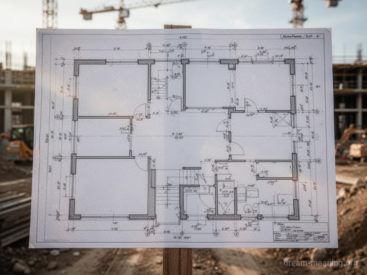 A blank architectural blueprint overlayed on a construction site.