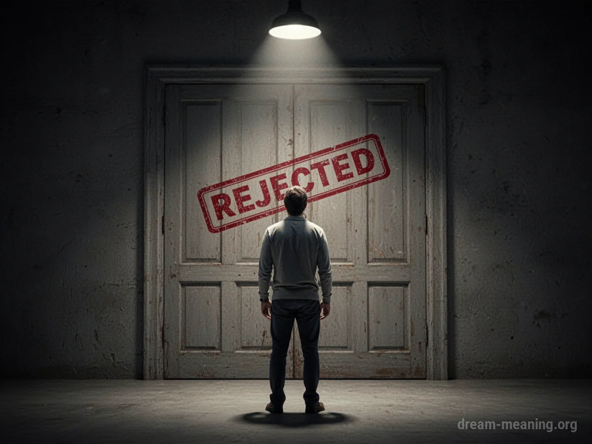 A person facing a large closed door with a red stamp.