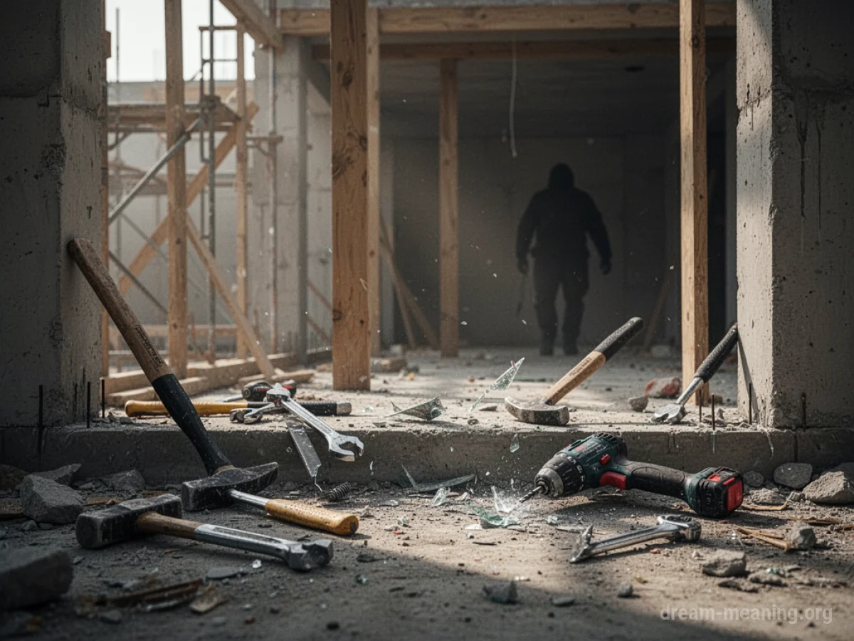 A construction site with scattered tools and a damaged structure.