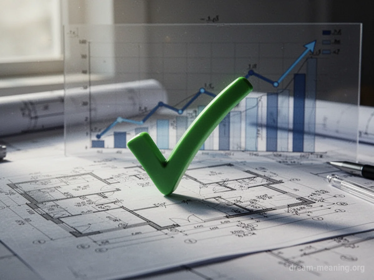 A blueprint with a checkmark and a rising graph.