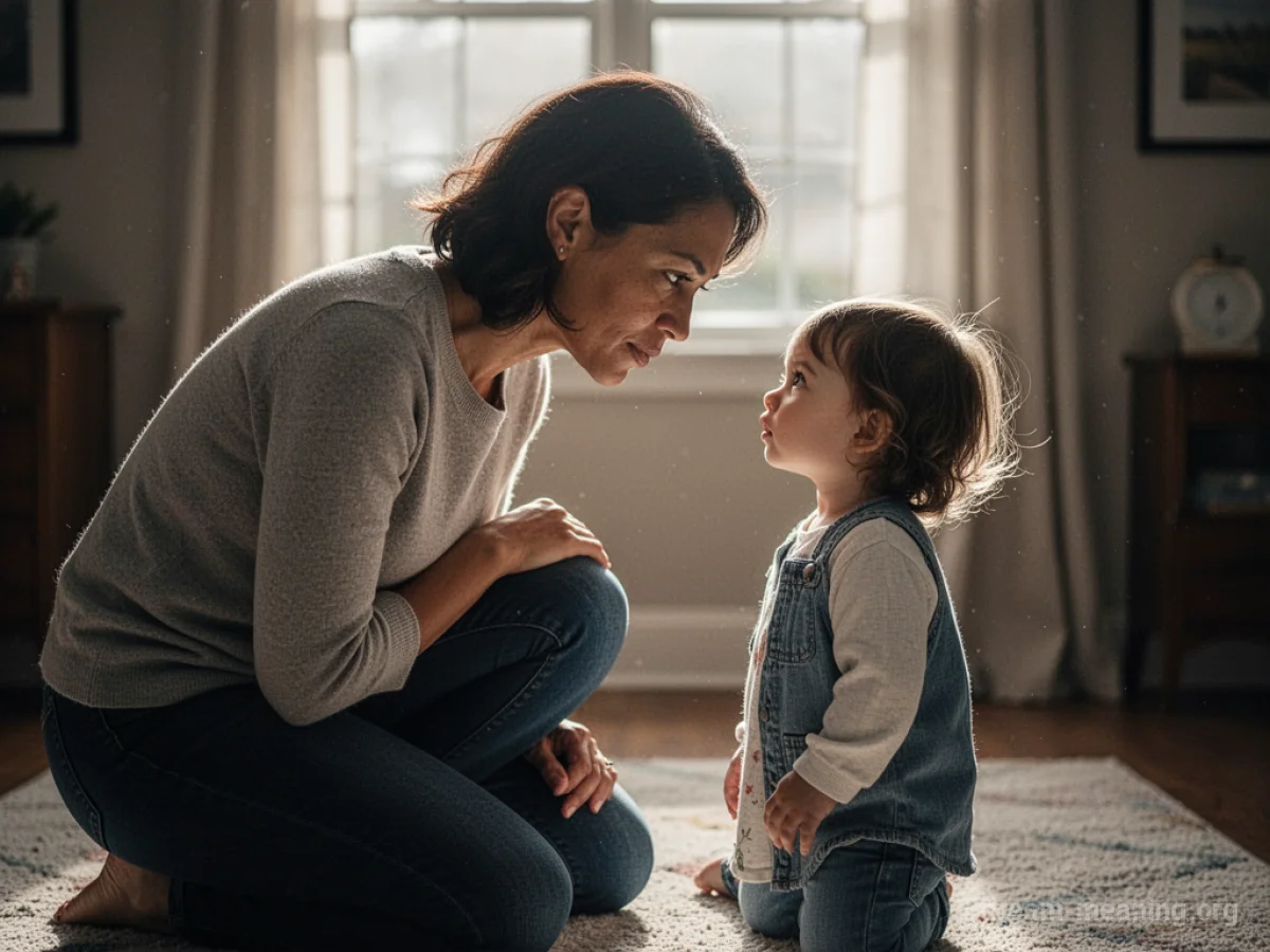 A parent and a child looking at each other in a softly lit room.