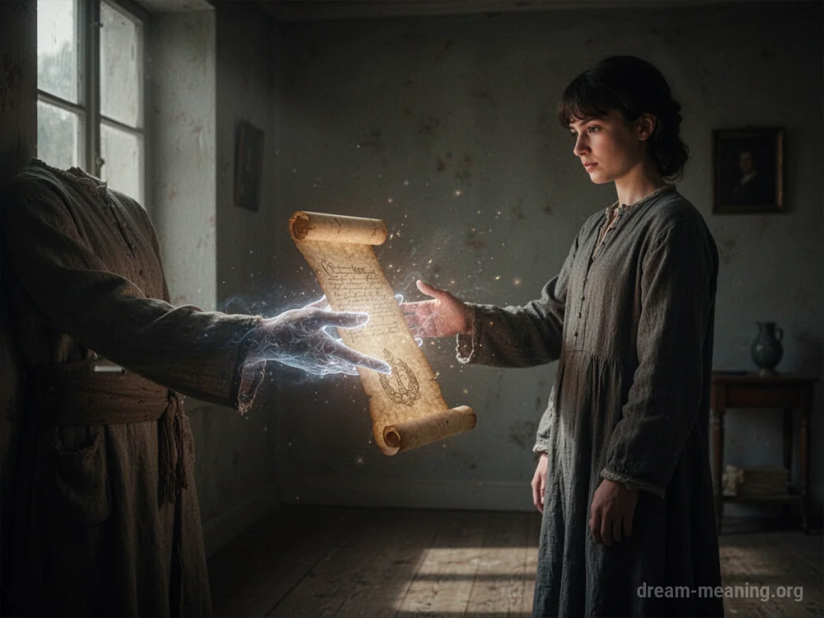 A spectral hand offering a glowing document to a person in a somber room.