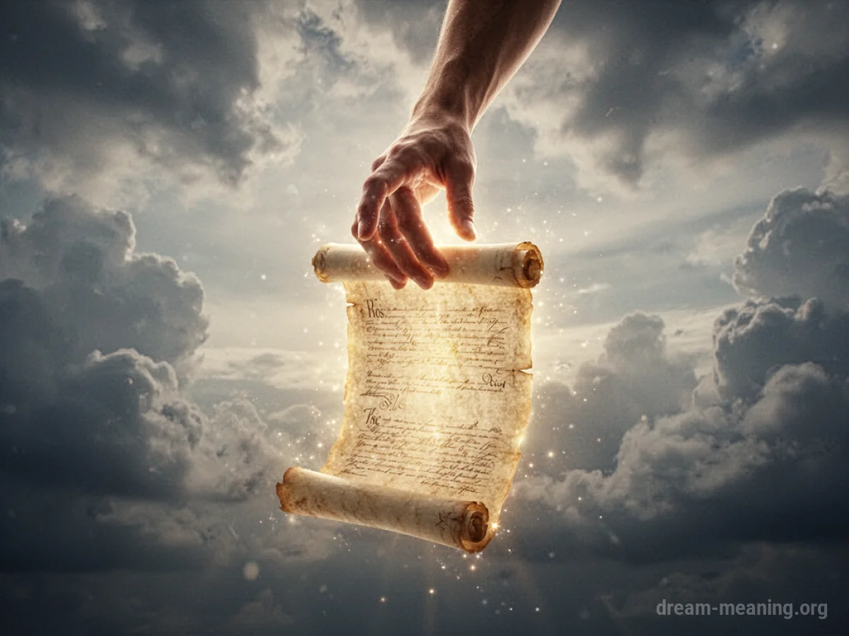 A hand descending from clouds holding a glowing scroll.