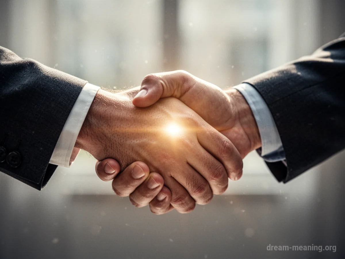 Two people shaking hands with a gentle light between them.