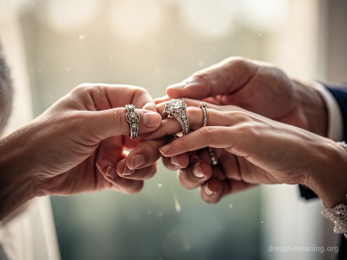 Close-up of two hands with wedding rings being exchanged.