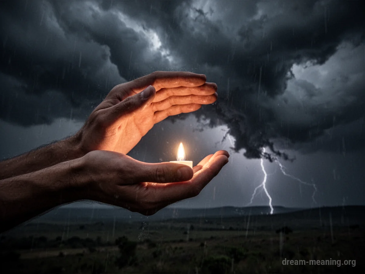 A hand shielding a light from a storm.