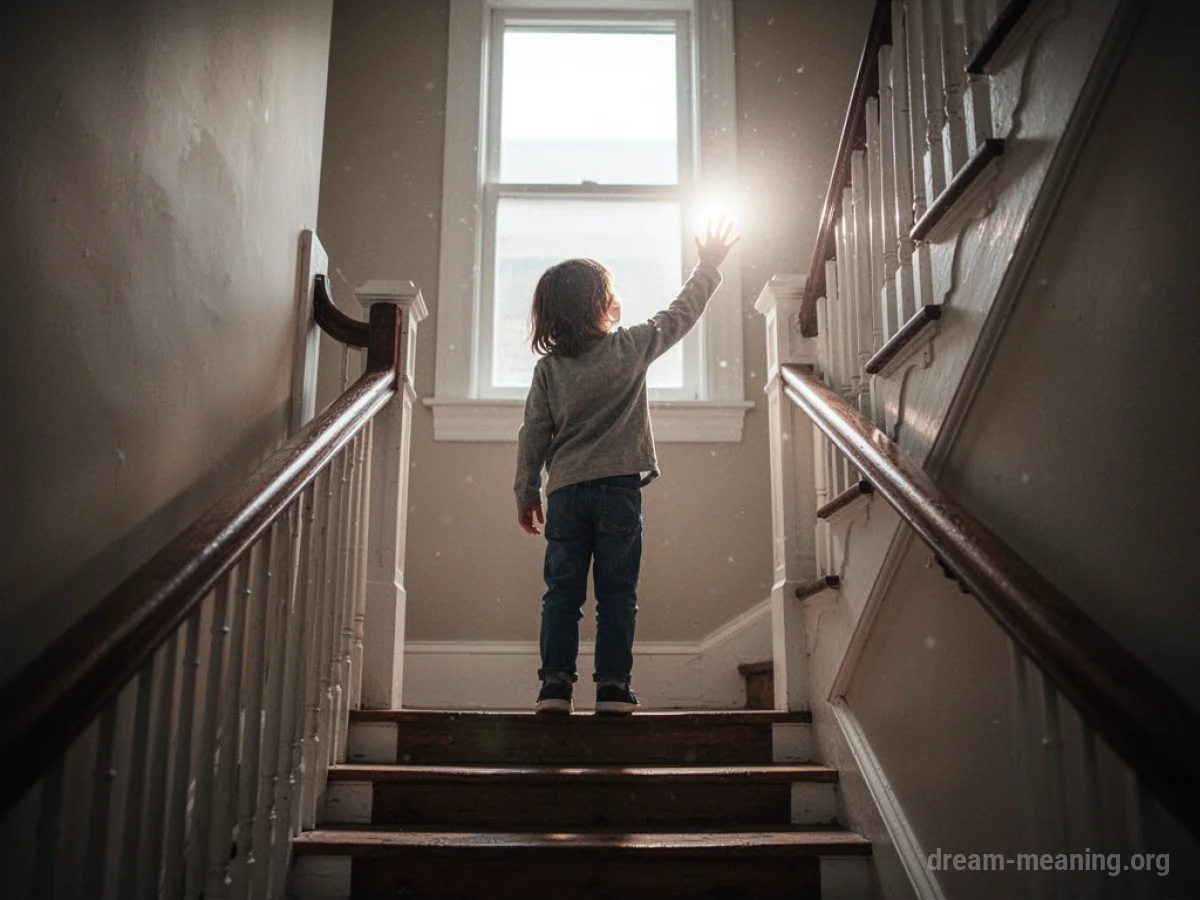 A person ascending a staircase towards a bright light.