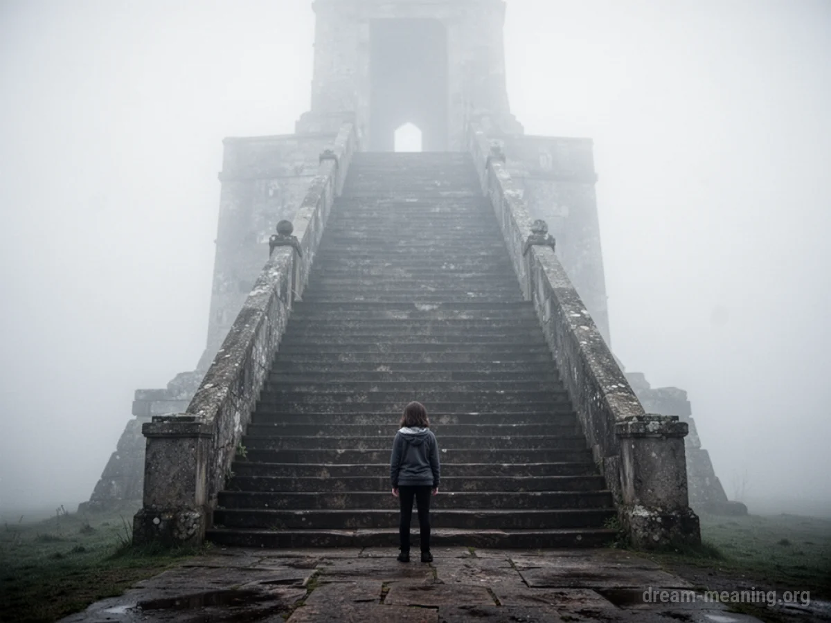 A person stands at the bottom of a very tall staircase disappearing into mist.