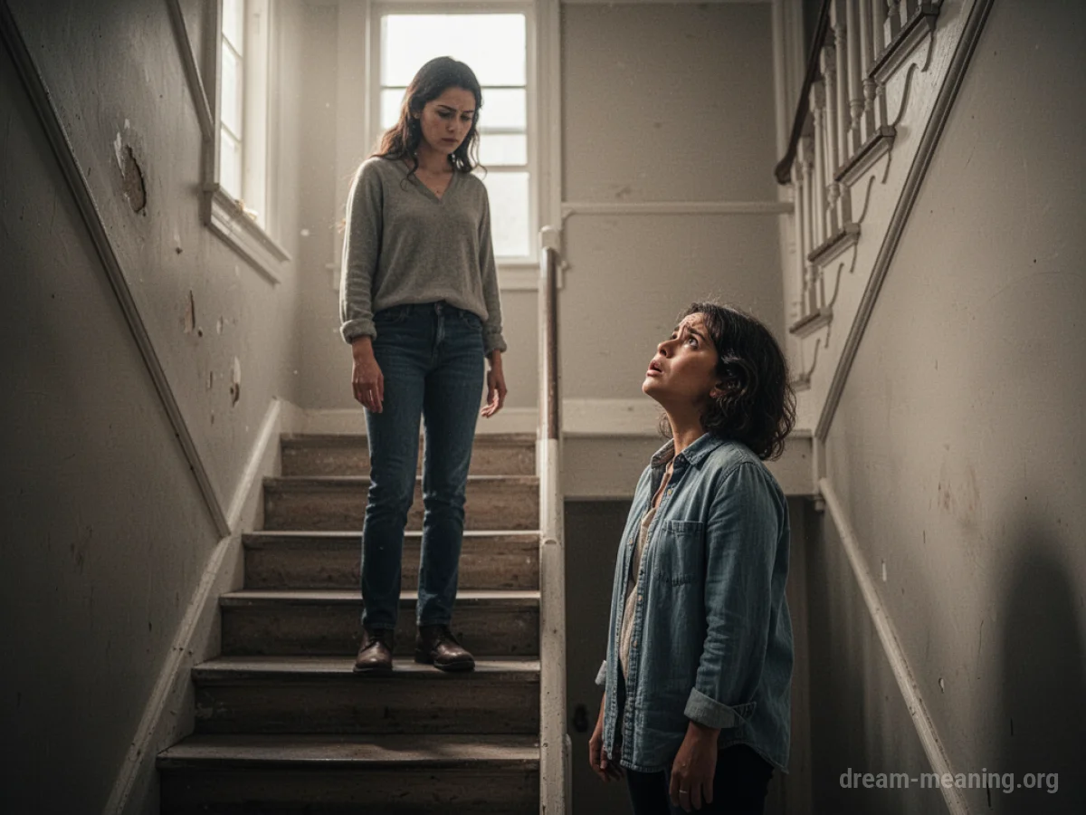 Two people on a divided staircase, one climbing upwards, the other watching.