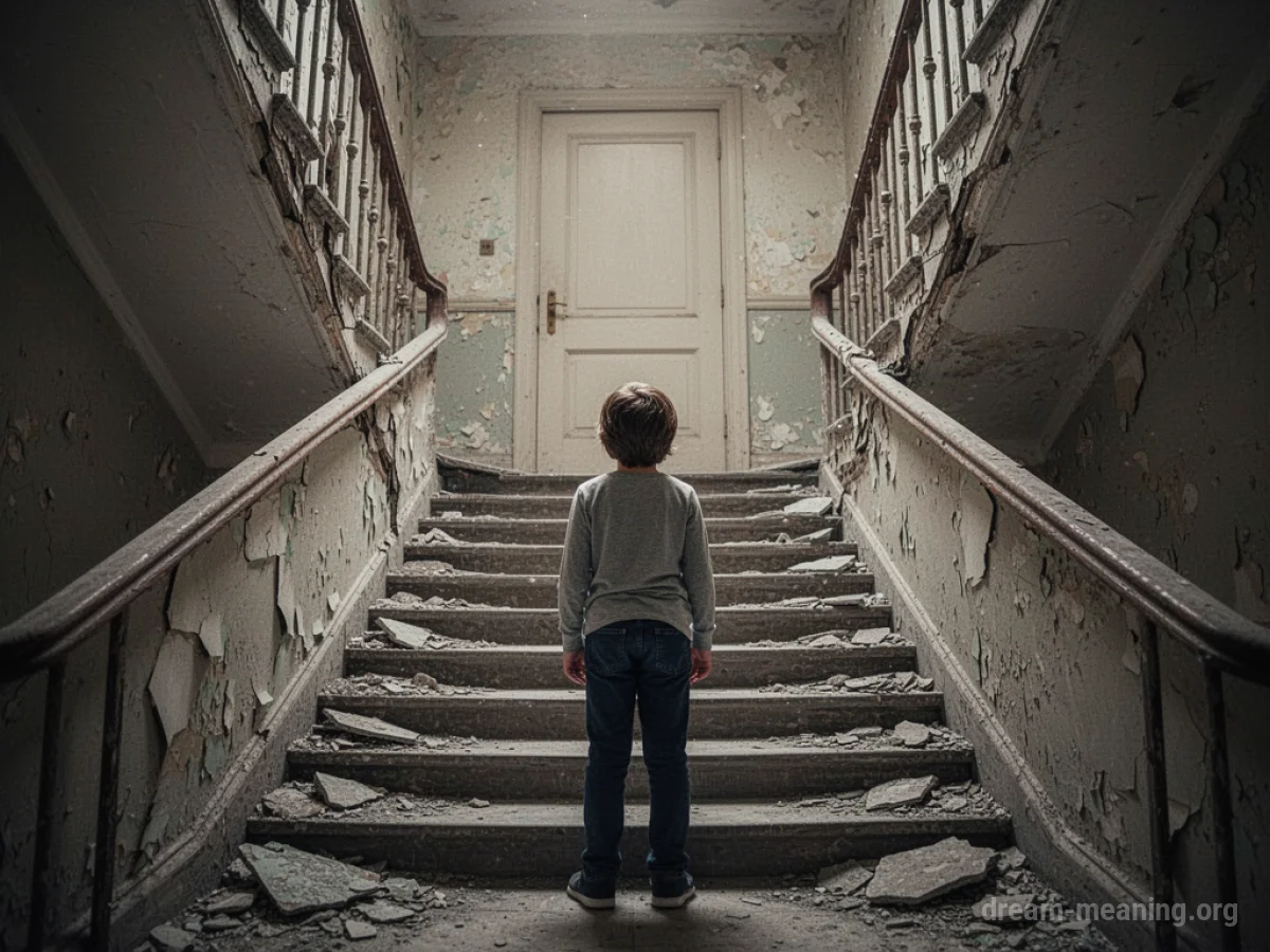 A person looking up at a crumbling staircase leading to a closed door.