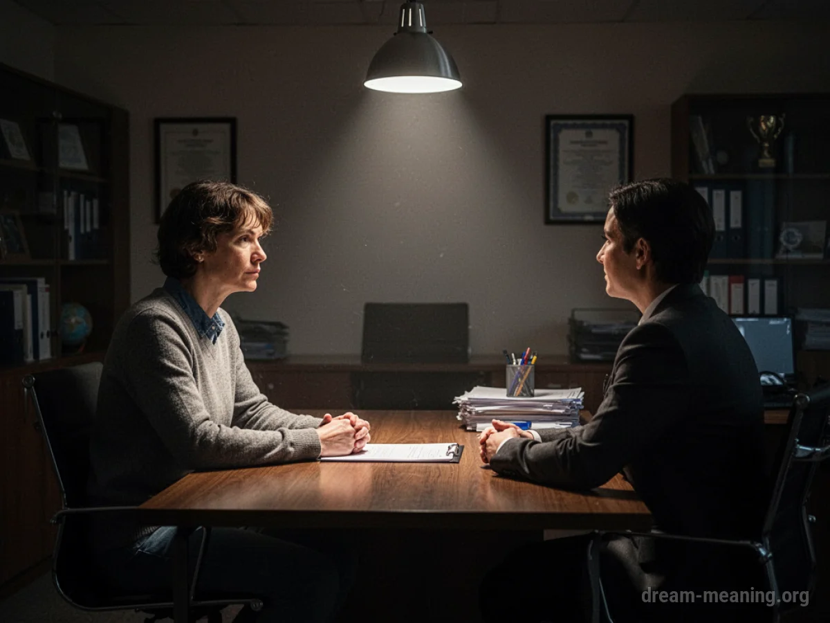 A person sits at a desk in a spotlight, facing an empty chair.