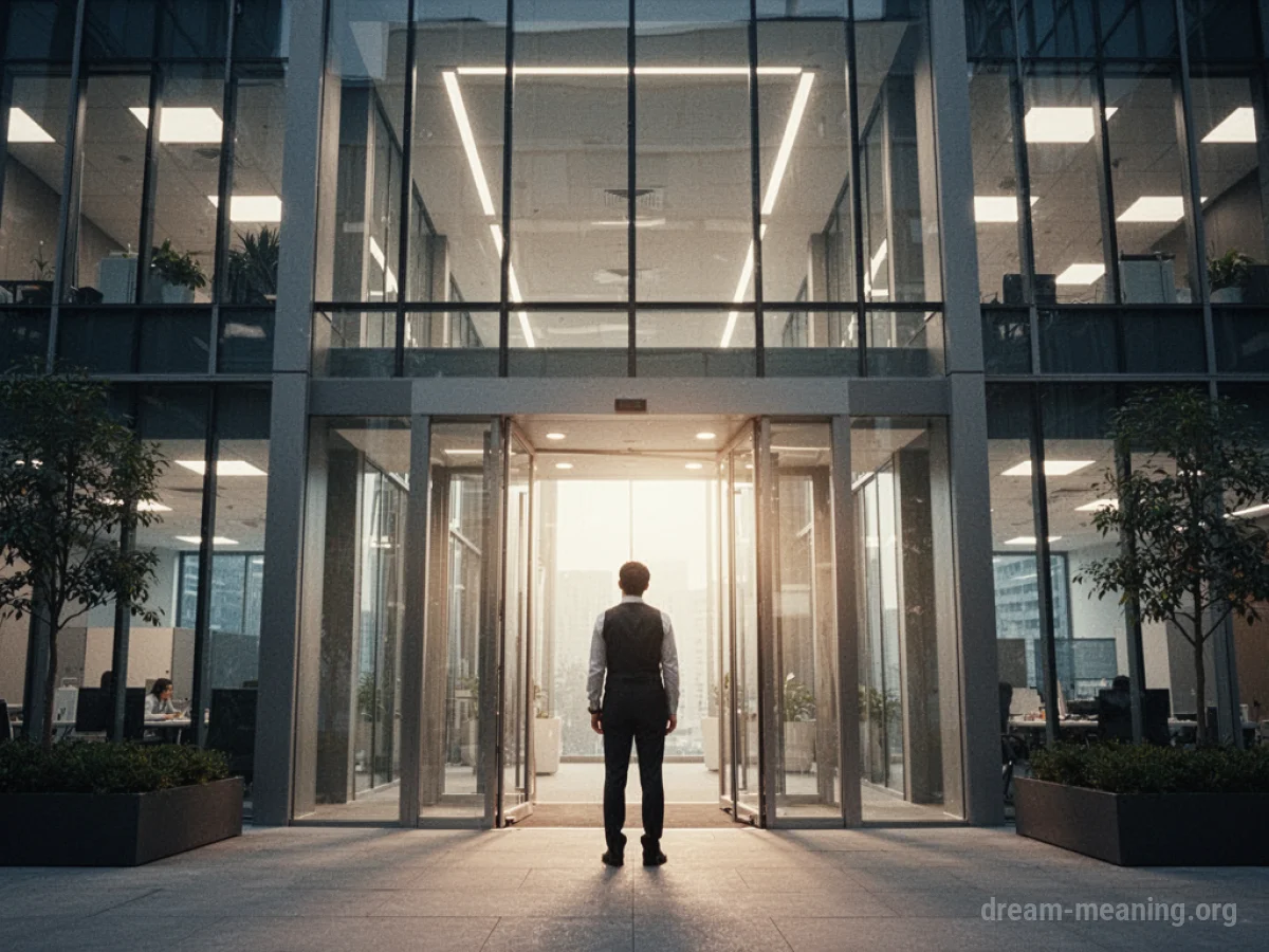 A person looking up at the entrance of a modern office building.