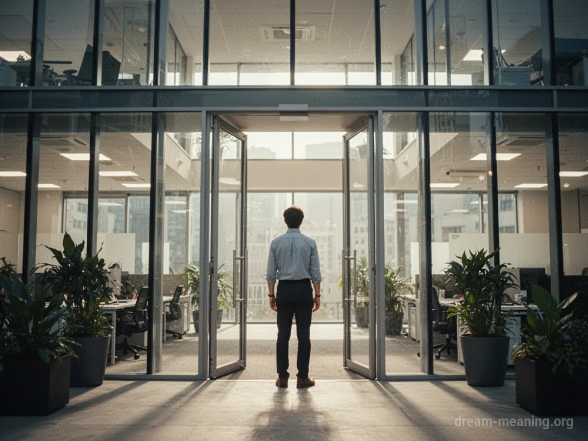 Silhouette of a person standing in front of a modern office building entrance.
