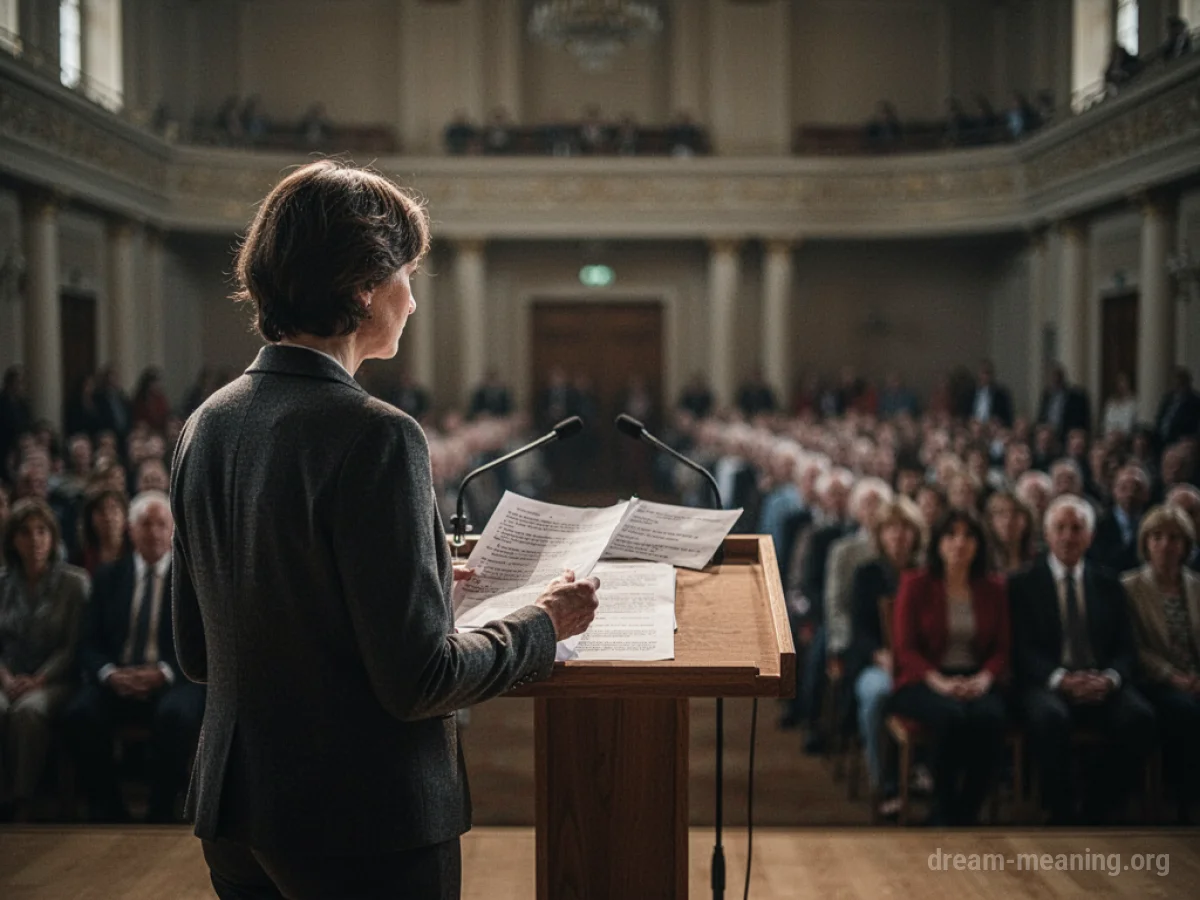 A person speaking at a podium facing an audience.